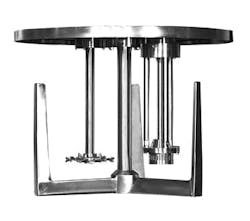 Figure 4. The 3-wing anchor stimulates greater flow in the mix vessel and moves material toward two stationary high-shear agitators, increasing their effective viscosity range. Figure 4. The 3-wing anchor stimulates greater flow in the mix vessel and moves material toward two stationary high-shear agitators, increasing their effective viscosity range.