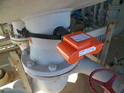 Figure 5. Permanently mounted ultrasonic thickness probe provides continuous data via a WirelessHART network. Figure 5. Permanently mounted ultrasonic thickness probe provides continuous data via a WirelessHART network.