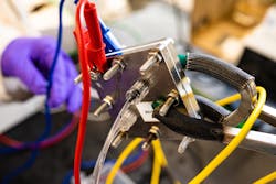 Figure 1. An experimental reactor at Rice University employs a ruthenium-based anode to split water into hydrogen and oxygen without the need for expensive iridium. Figure 1. An experimental reactor at Rice University employs a ruthenium-based anode to split water into hydrogen and oxygen without the need for expensive iridium.