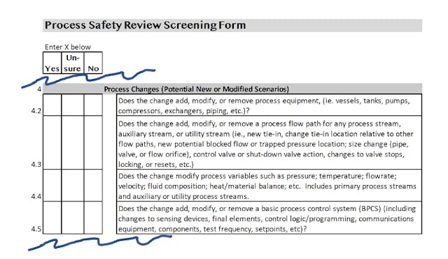 Figure 3. This excerpt from a process safety review screening form includes a section identifying process changes. Note: Companies need to develop and routinely revalidate their own screening forms. Source: Jody E. Olsen