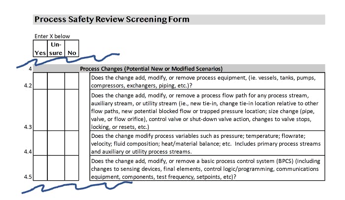 Figure 3. This excerpt from a process safety review screening form includes a section identifying process changes. Note: Companies need to develop and routinely revalidate their own screening forms. Source: Jody E. Olsen