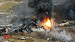 Portions of a Norfolk Southern freight train that derailed Feb. 3 in East Palestine, Ohio, burning the following day. (AP Photo/Gene J. Puskar) Portions of a Norfolk Southern freight train that derailed Feb. 3 in East Palestine, Ohio, burning the following day. (AP Photo/Gene J. Puskar)