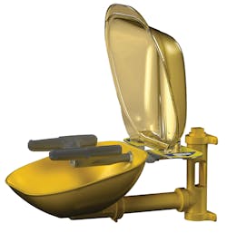 Figure 4. Fluid dynamics technology found in newer eye/face wash systems improve washdown capability, and hinged dust covers shield the entire bowl to keep the units clean. Figure 4. Fluid dynamics technology found in newer eye/face wash systems improve washdown capability, and hinged dust covers shield the entire bowl to keep the units clean.