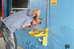 Figure 2. Emergency fixtures must be easy to locate in case of an emergency. Good lighting, brightly colored fixtures and signs can help users find eyewashes and drench showers easily. Figure 2. Emergency fixtures must be easy to locate in case of an emergency. Good lighting, brightly colored fixtures and signs can help users find eyewashes and drench showers easily.