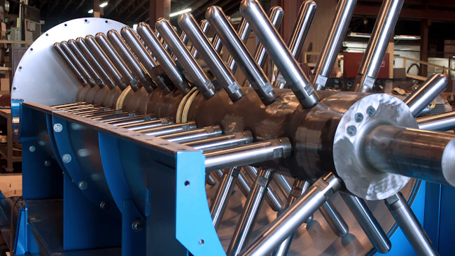 Figure 4: The pin mixer&rsquo;s visible interior shows the arrangement of pins fabricated and designed for optimal blending retention.