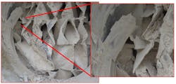 Figure 8: Fouled grid packing inspection. Solids accumulating on the surface, but chunks of solids appear to have fallen off. The image on the right is a close-up of a portion of the image on the left.
