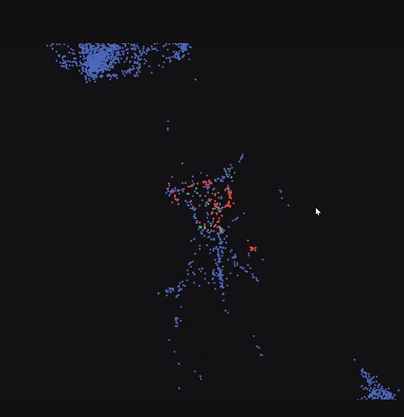 In this screenshot from a McKinsey &amp; Co. webinar, Matej Macak, a partner in McKinsey &amp; Company&apos;s London, U.K., demonstrates how AI could speed R&amp;D using an AI model. The red dots represent molecules that had already been tested for refrigerant properties.