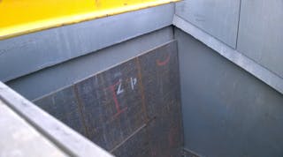 Examples of wear resistance tiles inside a chute for bulk material handling. In this chute, only the surface under direct impact of the discharge bulk materials is protected with tiles.