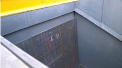 Examples of wear resistance tiles inside a chute for bulk material handling. In this chute, only the surface under direct impact of the discharge bulk materials is protected with tiles.