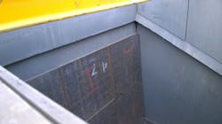 Examples of wear resistance tiles inside a chute for bulk material handling. In this chute, only the surface under direct impact of the discharge bulk materials is protected with tiles. Examples of wear resistance tiles inside a chute for bulk material handling. In this chute, only the surface under direct impact of the discharge bulk materials is protected with tiles.