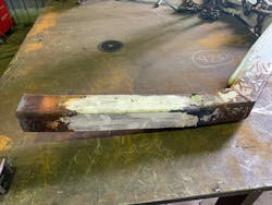 An example of thin-walled section fabricated substructure from a piece of equipment, which locally buckled during operation under an extreme load. Corrosion effects are also present. An example of thin-walled section fabricated substructure from a piece of equipment, which locally buckled during operation under an extreme load. Corrosion effects are also present.