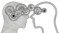 Head silhouette and tooth wheels with knowledge transfer and education concept related words imprinted on metal surface isolated on white Head silhouette and tooth wheels with knowledge transfer and education concept related words imprinted on metal surface isolated on white