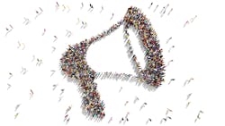Large group of people seen from above gathered together as a megaphone symbol Large group of people seen from above gathered together as a megaphone symbol