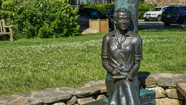 This statue of Rachel Carson author of 'Silent Spring' sits at Waterfront Park in Woods Hole, Massachusetts.