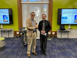 Mark Waner (right), chair of the Cleveland Local Section of the American Chemical Society, presents the 2024 Morley Medal on May 30, 2024, to David Waldeck, a professor of chemistry at the University of Pittsburgh. Mark Waner (right), chair of the Cleveland Local Section of the American Chemical Society, presents the 2024 Morley Medal on May 30, 2024, to David Waldeck, a professor of chemistry at the University of Pittsburgh.