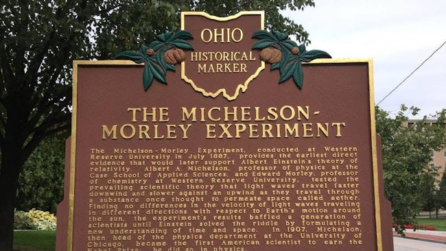 Ohio Historical Marker on the Case Western Reserve University campus marking the site of the Michelson-Morley Experiment.