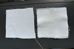 A chalk-based coating attaches to various commercially available textiles, including cotton and synthetic fiber, to create cooling fabrics, such as the treated synthetic material (right) that’s brighter than the untreated fabric (left). Photo: Evan D. Patamia A chalk-based coating attaches to various commercially available textiles, including cotton and synthetic fiber, to create cooling fabrics, such as the treated synthetic material (right) that’s brighter than the untreated fabric (left). Photo: Evan D. Patamia