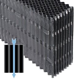 Figure 7a. Vertical flute, low-fouling film-fill. Note the straight path through the packing. Figure 7a. Vertical flute, low-fouling film-fill. Note the straight path through the packing.