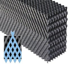 Figure 7b. Cross flute, high-efficiency film fill. Note the tortuous path for both water and air to maximize contact. The deflection points serve as prime locations for solids deposition and microbiological fouling. Figure 7b. Cross flute, high-efficiency film fill. Note the tortuous path for both water and air to maximize contact. The deflection points serve as prime locations for solids deposition and microbiological fouling.