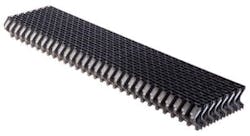 Figure 8. A modern drift eliminator design. Droplets impinge on the demister walls and drain back to the tower. Figure 8. A modern drift eliminator design. Droplets impinge on the demister walls and drain back to the tower.