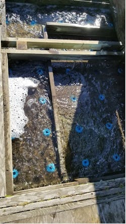 Figure 10. Water flowing through uniformly spaced nozzles in the cooling tower deck of a crossflow tower. Figure 10. Water flowing through uniformly spaced nozzles in the cooling tower deck of a crossflow tower.