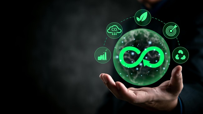 hand holding green circular economy icons on dark background