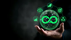 hand holding green circular economy icons on dark background