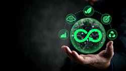 hand holding green circular economy icons on dark background hand holding green circular economy icons on dark background