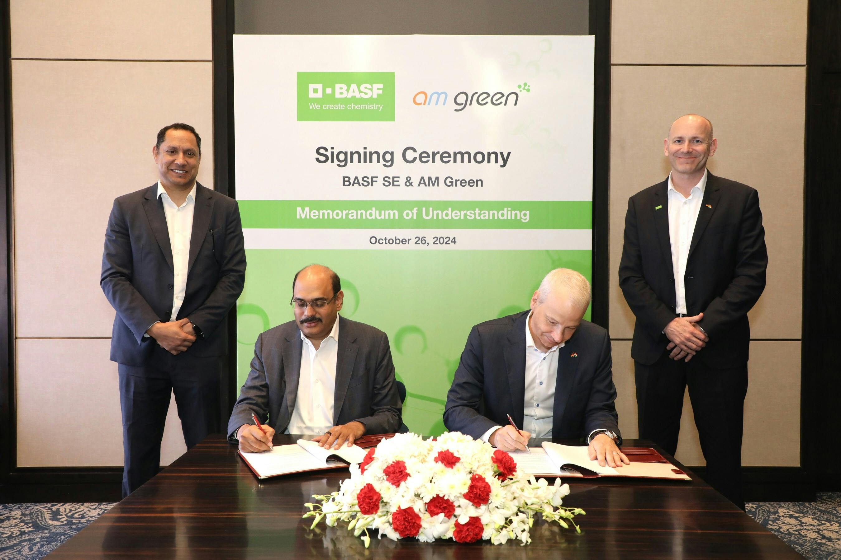 From left: Gautam Reddy K, CEO, AM Green Ammonia; Mahesh Kolli, Group President, AM Green; Dr. Markus Kamieth, chairman of the board of executive directors of BASF SE and Alexander Gerding, managing director, BASF India and head, BASF Group Companies India.