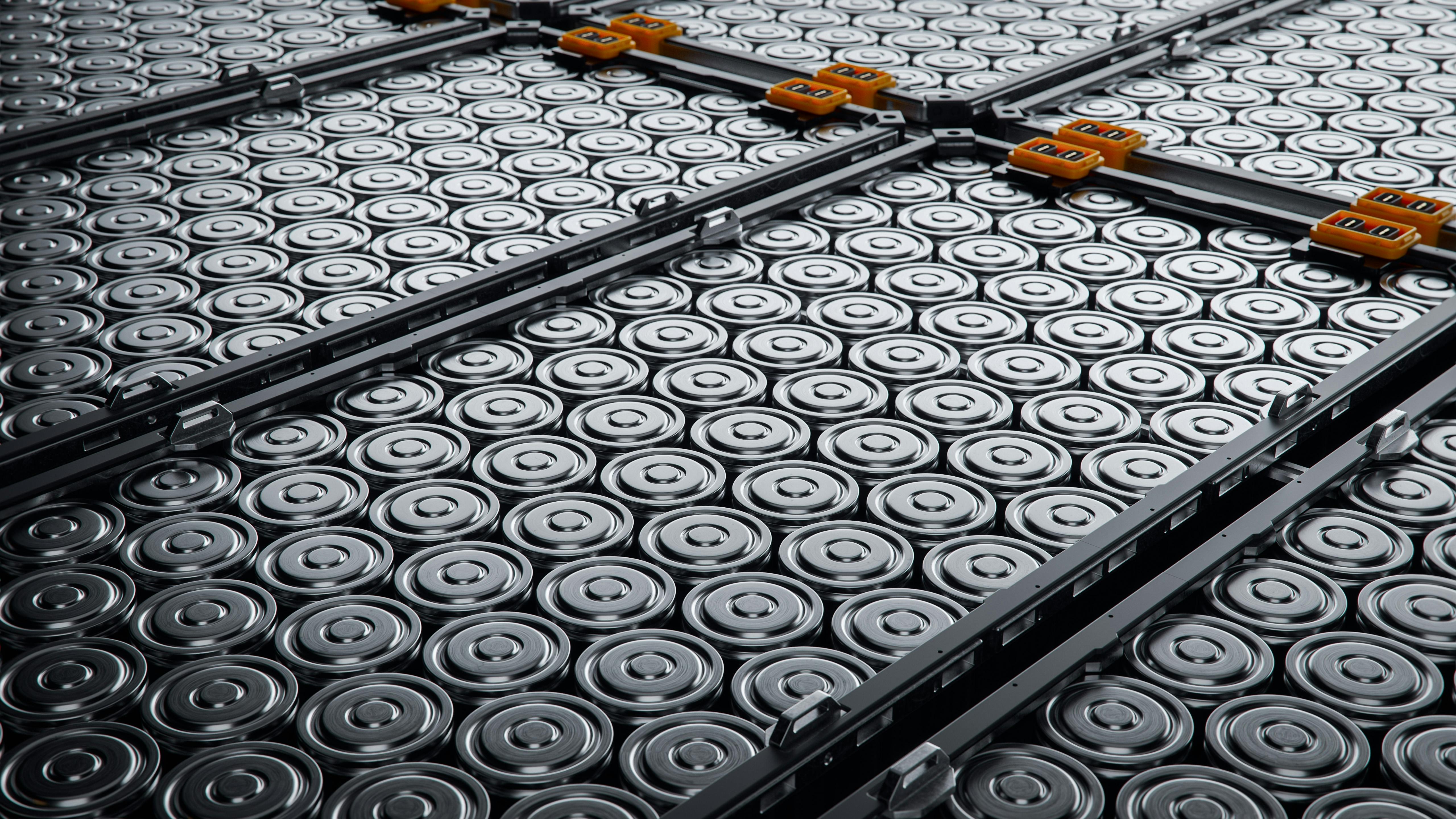 Close-up of EV Battery Cells Stacked inside Modules