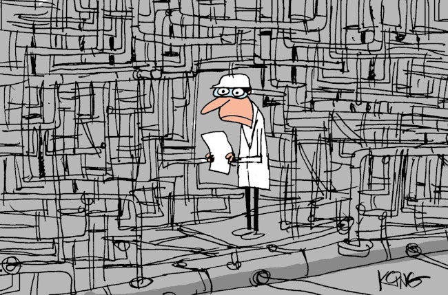 Engineer Is Lost In A Maze Of Pipes In A Cartoon Drawn By Jerry King