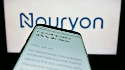 Mobile phone with website of Nouryon Chemicals on screen in front of Nouryon business logo Mobile phone with website of Nouryon Chemicals on screen in front of Nouryon business logo