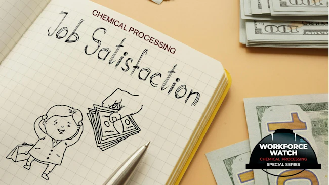 Chemical Processing Job Satisfaction Salary Survey notebook with drawn image of someone happy to be receiving money