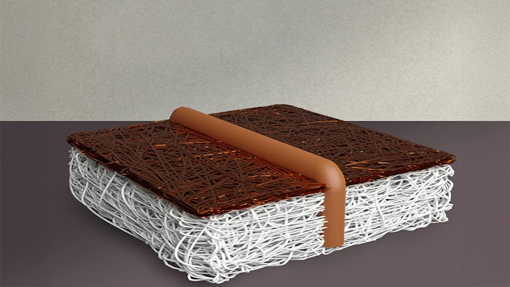 A conceptual schematic of the new woven electrode design. Researchers wove a series of conductive copper wires (the brown-orange pipe) through a very thin membrane to reach the catalyst.