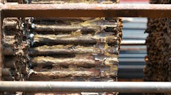 Heat exchanger tube maintenance shows fouling of deposit on shell side prevent flow of cooling/heatiing media. Heat exchanger tube maintenance shows fouling of deposit on shell side prevent flow of cooling/heatiing media.