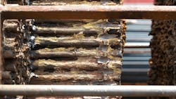 Heat exchanger tube maintenance shows fouling of deposit on shell side prevent flow of cooling/heatiing media. Heat exchanger tube maintenance shows fouling of deposit on shell side prevent flow of cooling/heatiing media.
