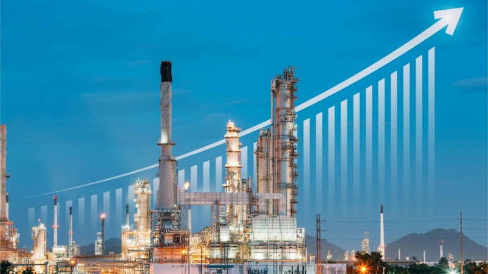 Oil gas refinery or petrochemical plant with increase bar chart and arrow layered behind it
