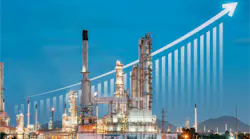 Oil gas refinery or petrochemical plant with increase bar chart and arrow layered behind it