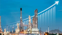 Oil gas refinery or petrochemical plant with increase bar chart and arrow layered behind it Oil gas refinery or petrochemical plant with increase bar chart and arrow layered behind it