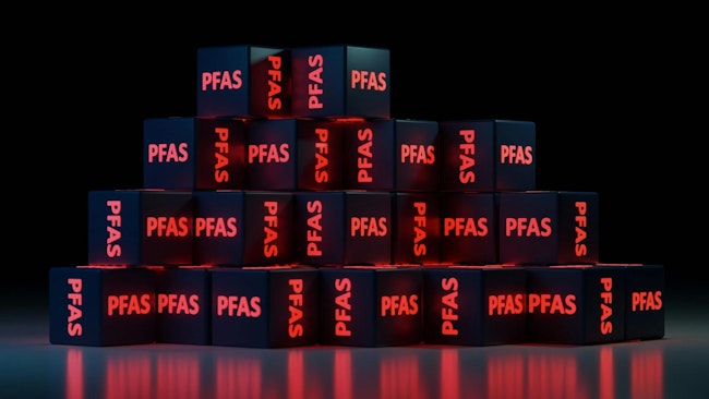 Stacked red shining cubes with a PFAS word on it. 3D rendered illustration.