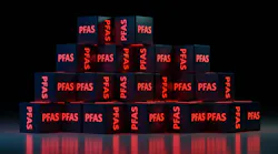 Stacked red shining cubes with a PFAS word on it. 3D rendered illustration.