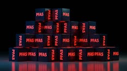 Stacked red shining cubes with a PFAS word on it. 3D rendered illustration. Stacked red shining cubes with a PFAS word on it. 3D rendered illustration.