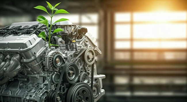 Automotive engine 'growing' a green plant. AI-generated image