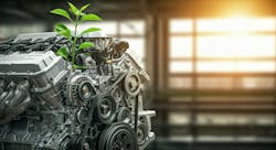 Automotive engine 'growing' a green plant. AI-generated image Automotive engine 'growing' a green plant. AI-generated image