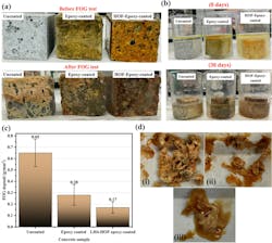 Figure showing a comparison of concrete samples—uncoated, epoxy-coated, and LH4-HOF incorporated epoxy-coated—before and after a 30-day FOG (fats, oils, and grease) test. Includes images of FOG deposition on each type of concrete sample at room temperature and close-ups of FOG deposits on the uncoated, epoxy-coated, and LH4-HOF incorporated samples. Figure showing a comparison of concrete samples—uncoated, epoxy-coated, and LH4-HOF incorporated epoxy-coated—before and after a 30-day FOG (fats, oils, and grease) test. Includes images of FOG deposition on each type of concrete sample at room temperature and close-ups of FOG deposits on the uncoated, epoxy-coated, and LH4-HOF incorporated samples.