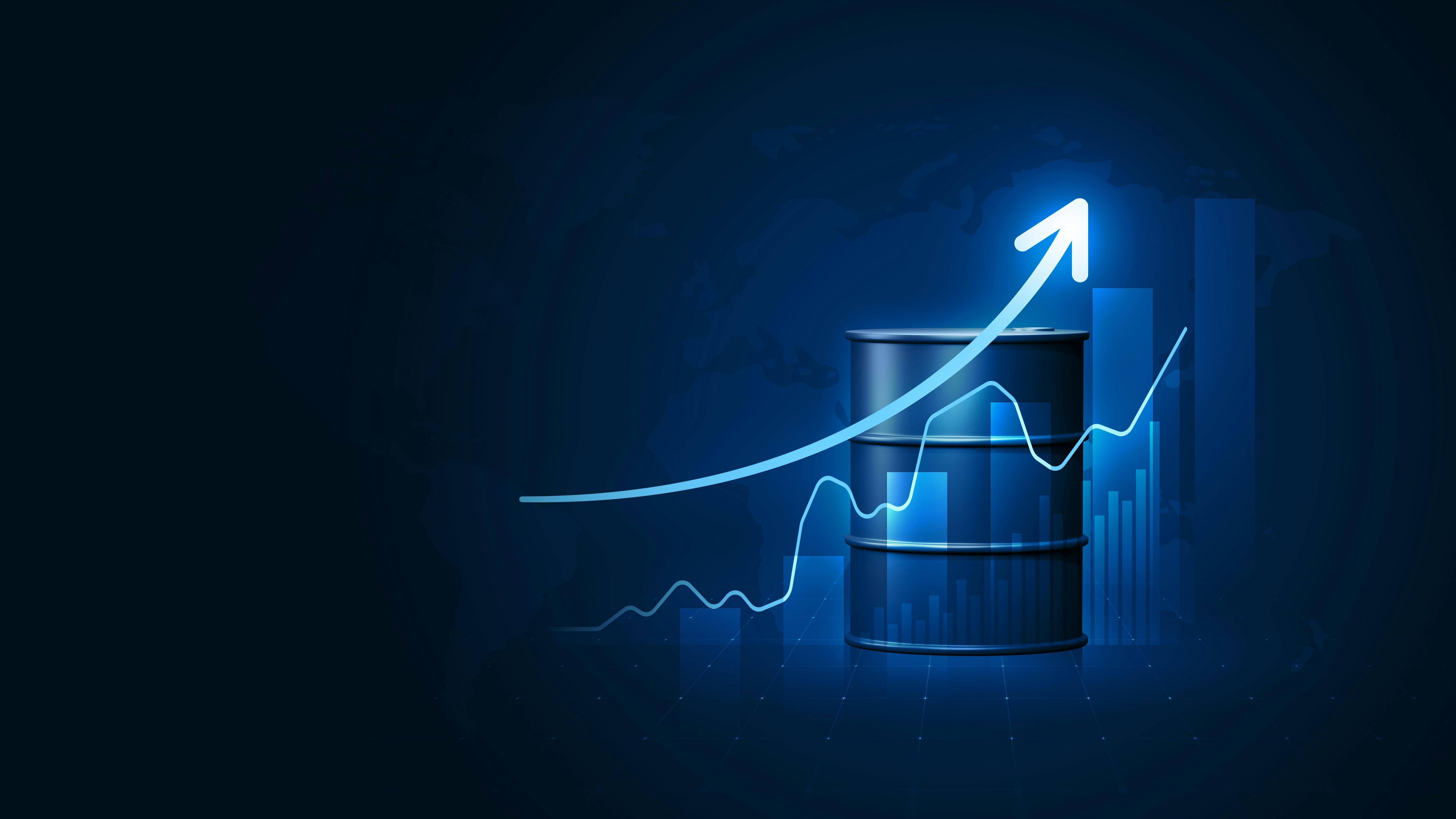Growth arrow oil price graph of energy market business on gasoline petroleum global industrial background with fuel tank