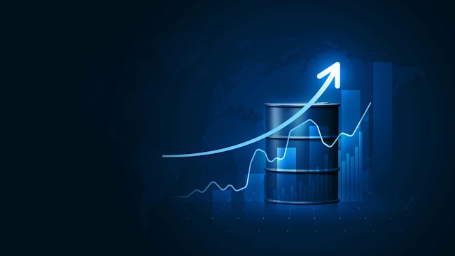 Growth arrow oil price graph of energy market business on gasoline petroleum global industrial background with fuel tank