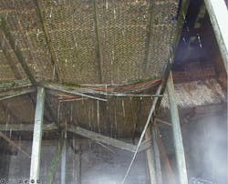 cooling tower’s fill support structure partially collapsed from the accumulation of microbial slime and silt. cooling tower’s fill support structure partially collapsed from the accumulation of microbial slime and silt.
