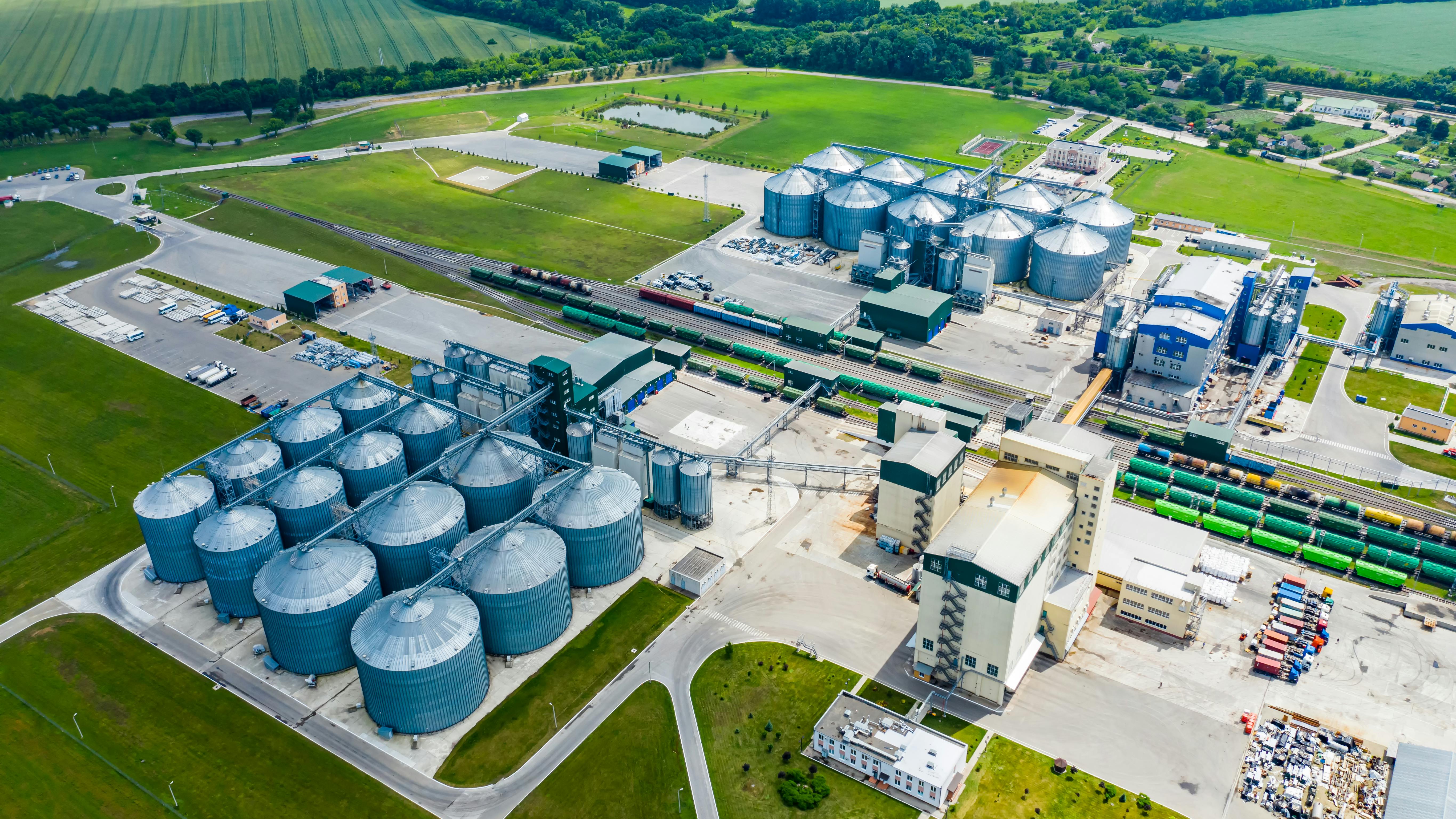 Overhead drone image of production plant for sustainable fuel called bio gas