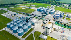Overhead drone image of production plant for sustainable fuel called bio gas